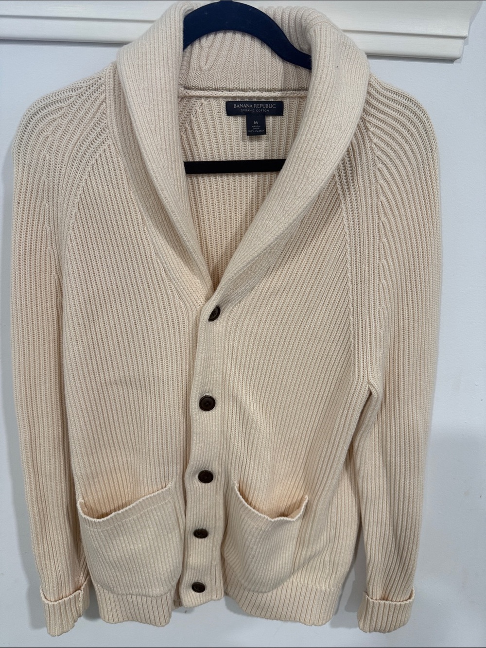 Banana Republic Men's Cream Ribbed Shawl Collar Cardigan
